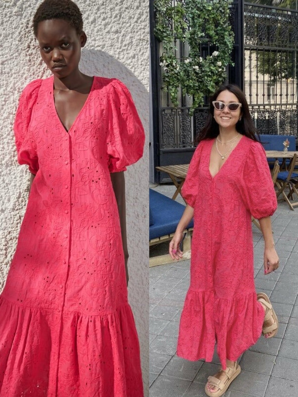 BLOGGER FAVE Zara Marta Eyelet Puff Sleeve Midi Dress in Fuchsia